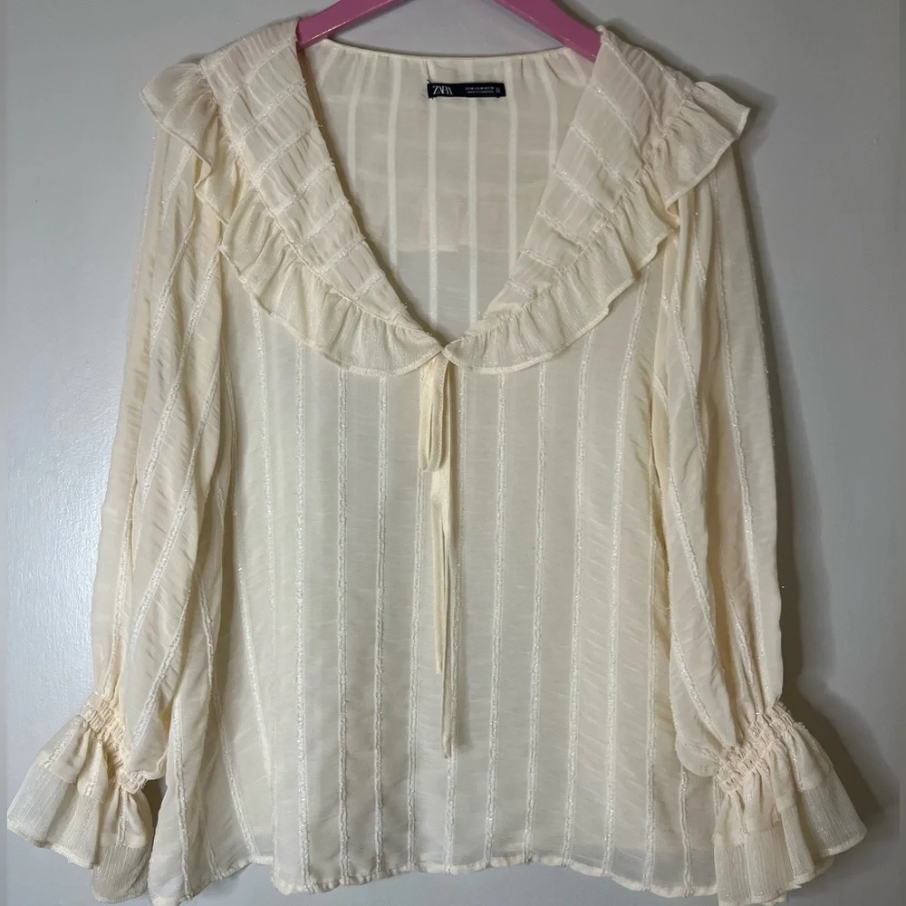 Zara medium bundle green collared sweater white cotton eyelet top ivory Blouse - Picture 12 of 16